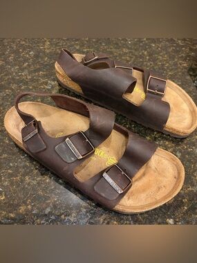 Birkenstock Brown Two-Strap Leather Sandals | Size 9 Male, Size 10 Female